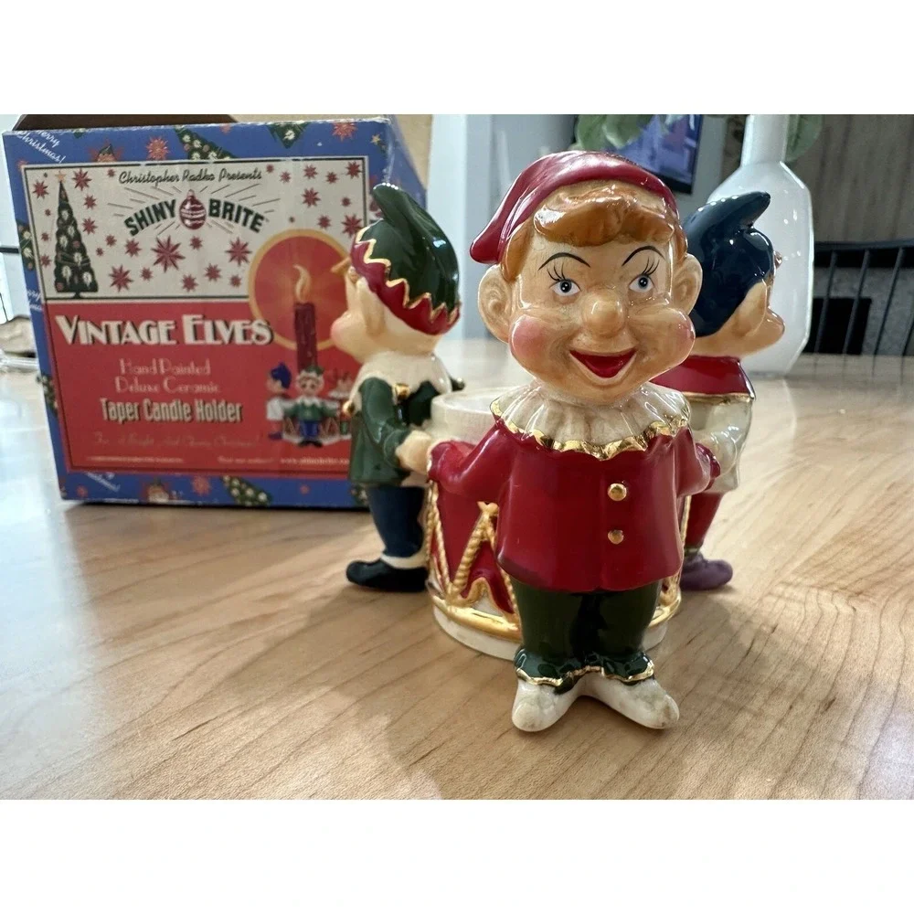 Christopher Radko Shiny Brite Vintage Elves CeramicTaper Candle Holder 40-1143-0